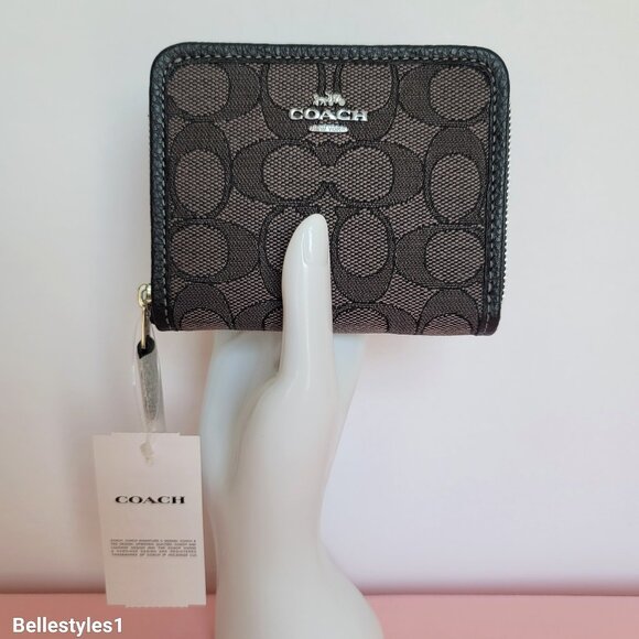 COACH Small Zip Around WalletWith ID Window In Signature Jacquard -Black SB